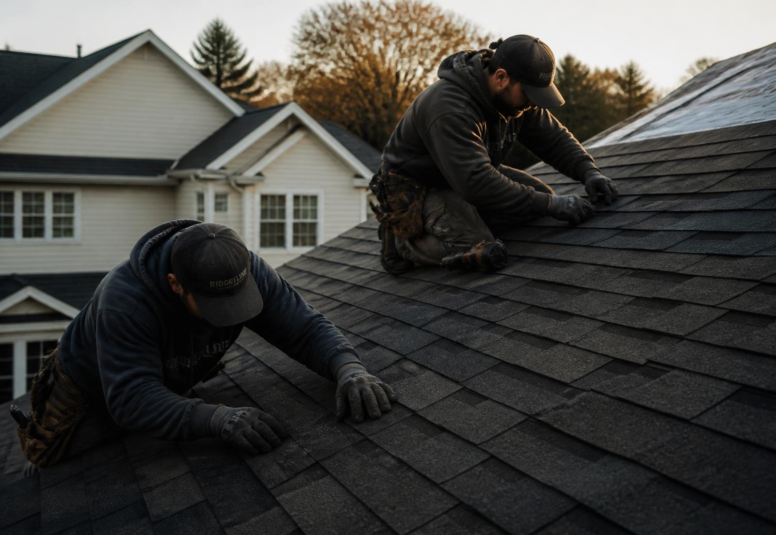 Roofing contractors installing shingles on a residential roof