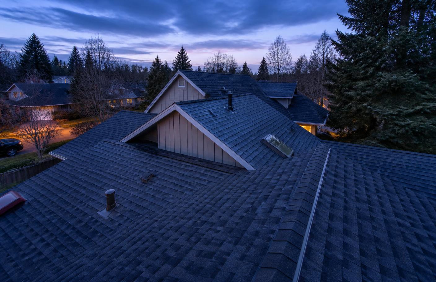Residential rooftops at dusk